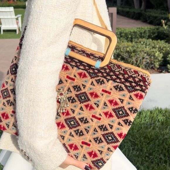 Hand Crafted Handbags - Boho Patterned Tote Bag with Wooden Handles - Beige, Red, Black